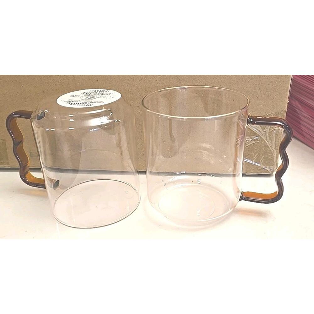 13098 2 Piece Glass Mugs- Pink With berry Handle- 3.82”H x 4.49”W - NEW